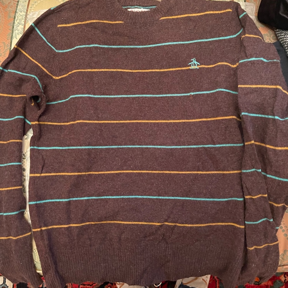 Original Penguin Men's Brown Sweater with Blue and Yellow Stripes